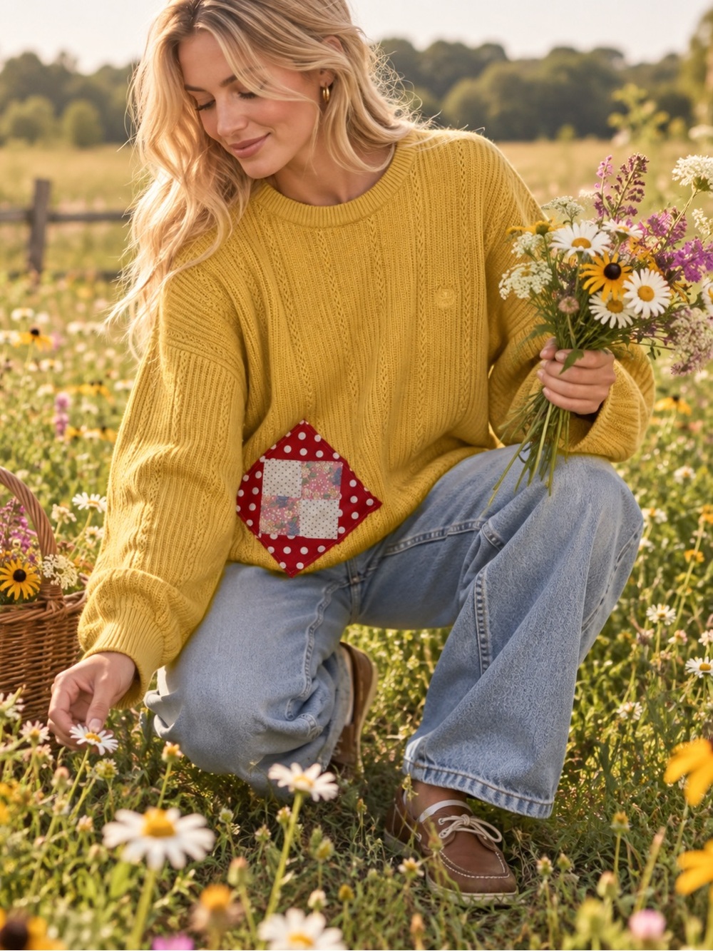 Vintage Chaps Ralph Lauren Yellow Sweater 1920s Feedsack Quilt Patch - Large